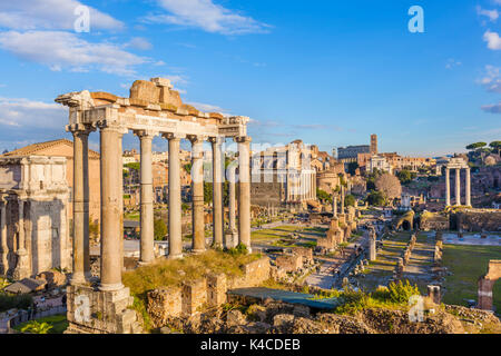 Rome Italy The columns of the Temple of Saturn and overview of the ruined Roman Forum, UNESCO World Heritage Site, Rome, Lazio, Italy, Europe Stock Photo