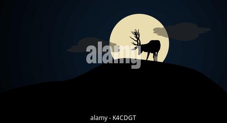 Deer on a hill with moon light, vector illustration Stock Vector