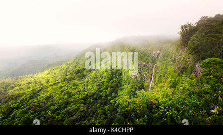 Wonderful panorama of waterfall Black River Gorges and jungle around it, Mauritius. Stock Photo
