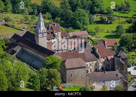 Aerial view over the Baume Abbey / Abbaye Saint-Pierre de Baume-les-Messieurs, Jura department in Franche-Comté, Lons-le-Saunier, France Stock Photo