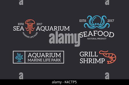 Set of retro vintage jellyfish and seafood, shrimp, coral, octopus logo or insignia, emblems, labels and badges and other branding objects. Vector line style Stock Vector