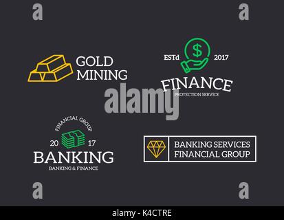Set of retro vintage money and bank, cash, diamond, hand with a coin, gold bars logo or insignia, emblems, labels and badges and other branding objects. Vector line style Stock Vector