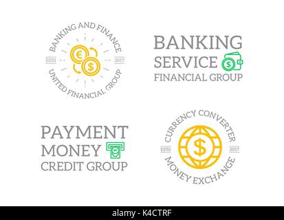 Set of retro vintage money and bank, atm, wallet, exchange logo or insignia, emblems, labels and badges and other branding objects. Vector line style Stock Vector
