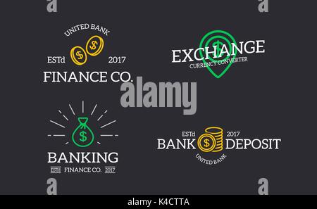Set of retro vintage money and bank, coin, bag, map pointer with dollar logo or insignia, emblems, labels and badges and other branding objects. Vector line style Stock Vector