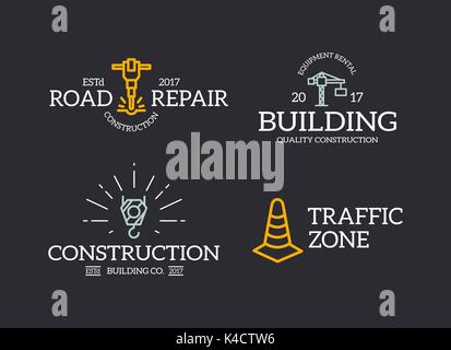 Set of retro vintage construction, traffic cone, crane hook, jackhammer logo or insignia, emblems, labels and badges and other branding objects. Vector line style Stock Vector