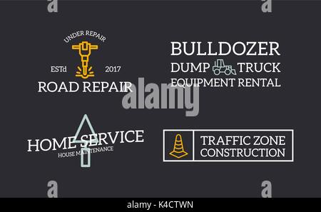 Set of retro vintage construction, jackhammer, putty knife, traffic cone, bulldozer logo or insignia, emblems, labels and badges and other branding objects. Vector line style Stock Vector