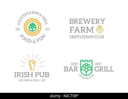 Set of retro vintage beer and alcohol, hop, mug logo or insignia, emblems, labels and badges and other branding objects. Vector line style Stock Vector