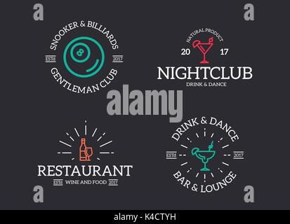 Set of retro vintage night club, billiard, cocktail, disco logo or insignia, emblems, labels and badges and other branding objects. Vector line style Stock Vector