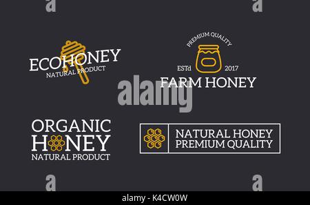 Set of retro vintage honey and bee, honeycomb, dipper logo or insignia, emblems, labels and badges and other branding objects. Vector line style Stock Vector