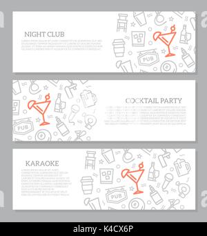Set of three digital night club and cocktail bar horizontal banners with icon pattern. Vector illustration Stock Vector