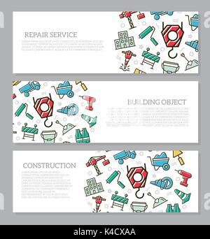 Set of three digital construction horizontal banners with icon pattern. Vector illustration Stock Vector