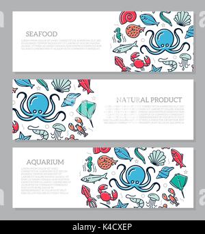 Set of three digital fish and seafood horizontal banners with icon pattern. Vector illustration Stock Vector