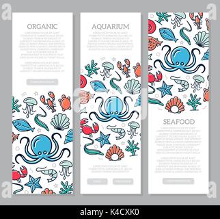 Set of three digital fish and seafood vertical banners with icon pattern. Vector illustration Stock Vector