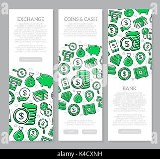 Set of three digital money and bank vertical banners with icon pattern. Vector illustration Stock Vector