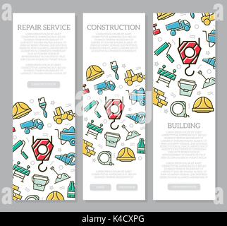 Set of three digital construction vertical banners with icon pattern. Vector illustration Stock Vector