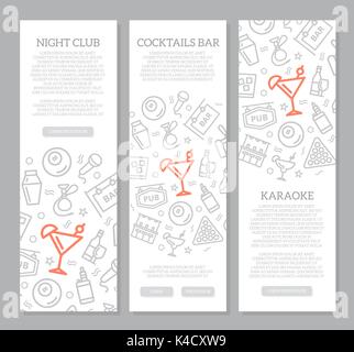 Set of three digital night club and cocktail bar vertical banners with icon pattern. Vector illustration Stock Vector