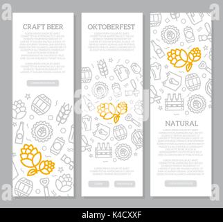 Set of three digital beer, pub and bar vertical banners with icon pattern. Vector illustration Stock Vector
