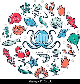 Vector seafood colored icons in circle design concept. Illustration for presentations on white background Stock Vector
