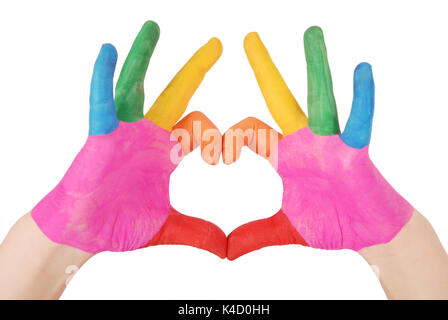 Child's hand painted watercolor in heart isolated on white Stock Photo