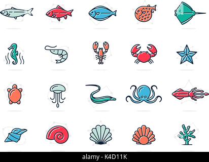 Set of vector fish and sea food colored line icons. Shrimp, oyster, squid, crab, ell, fugu, lobster, carp, sturgeon, jellyfish, octopus, turtle, starfish, coral, sell, seahorse and more. Editable Stroke. Stock Vector