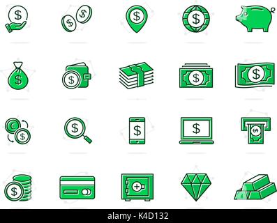 Set of vector bank and money colored line icons. Coin, cash, card, credit, atm, diamont, wallet, gold, deposit, purse, piggy, diamond, dollar, bag and more. Editable Stroke. Stock Vector
