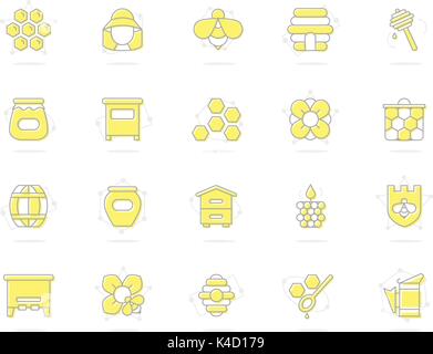 Set of vector honey line colored icons. Bee, honeycomb, barrel, beekeeper, dipper, jar, flower, beehive, pot, hexagon, beeswax, spoon and more. Editable Stroke. Stock Vector