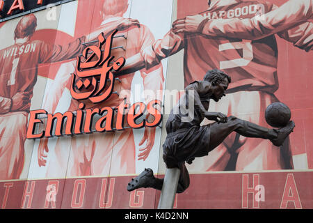 London, United Kingdom - 3 September 2017: View of the statue of Dennis Bergkamp in front of the Arsenal Emirates Football Stadium. Stock Photo