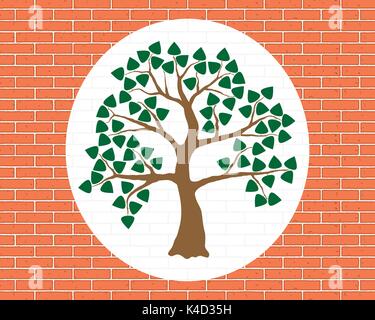 Tree illustration on orange-brick wall. Brown tree, green foliage. Decoration for wall Stock Vector