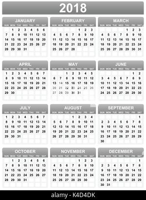 Simple editable 2018 year vector calendar on white background in eps 10. Stock Vector