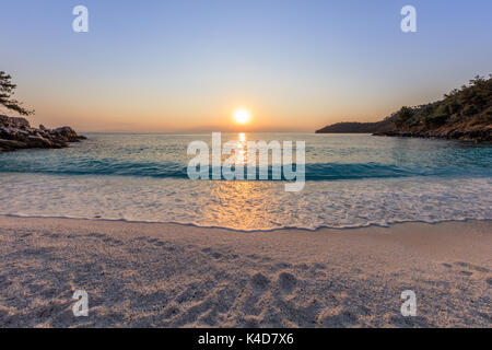 Sunrise in Marble beach (Saliara beach), Thassos Islands, Greece. The most beautiful white beach in Greece Stock Photo