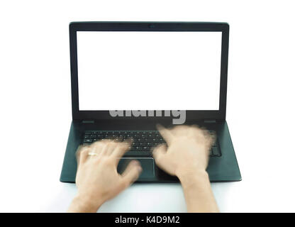 hands typing and working fast on laptop keyboard Stock Photo