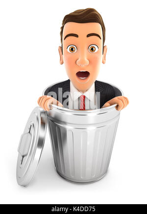 3d businessman inside trash can, illustration with isolated white background Stock Photo
