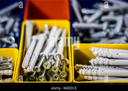 Screws segregated in plastic colored containers. Box for builder and DIY. Black background. Stock Photo