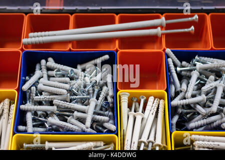 Screws segregated in plastic colored containers. Box for builder and DIY. Black background. Stock Photo