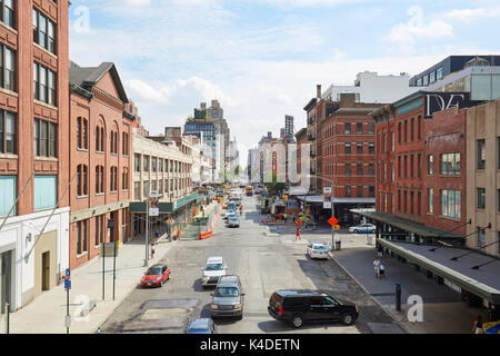 Meatpacking and Chelsea district street aerial view with red brick wall buildings in New York Stock Photo