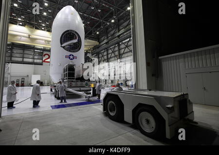 The X-37B Orbital Test Vehicle (OTV-5) is being staged in preparation for its upcoming launch on September 7, 2017. Stock Photo