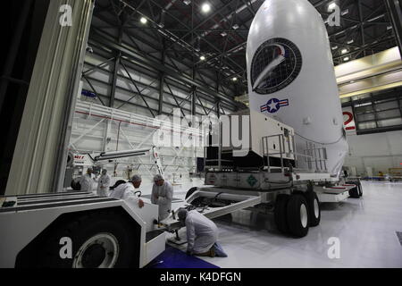 The X-37B Orbital Test Vehicle (OTV-5) is being staged in preparation for its upcoming launch on September 7, 2017. Stock Photo