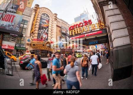 The AMC 25 Theatre and the Regal Cinemas in Times Square in New York on Sunday, August 27, 2017. As theaters head into the Labor Day weekend U.S. box office receipts are running 13.4 percent lower than last year which was not a particularly good year to begin with. The summer of 2017 is expected to be the first  summer since 2006 showing a box office below $4 billion.  (© Richard B. Levine) Stock Photo