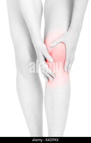 Woman fatigued legs with red pain area isolated on white, clipping path Stock Photo