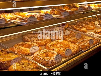 The array of Danish pastries, from cookies and kringles to aebleskiver and torts, is overwhelming in all of Solvang's Danish bakeries. Stock Photo