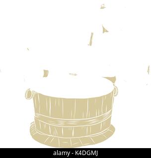 Illustration of two medieval Alewife Brewing Beer ale in vat open top barrel done in hand drawn sketch Drawing style. Stock Vector