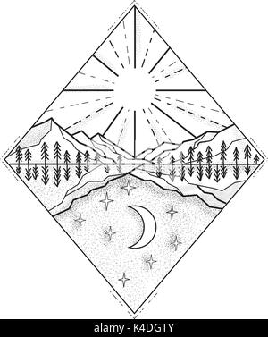 Mono line illustration of a day and night symbol with sun and mountains on top and stars and moon below set inside diamond done in black and white. Stock Vector