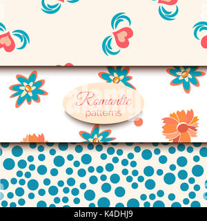 3 romantic vector seamless patterns. Pink, blue and beige color tiling. Endless background can be used for printing onto fabric and paper or scrap boo Stock Photo