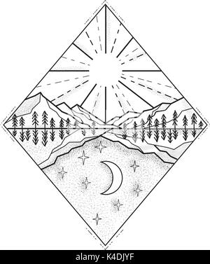 Mono line illustration of a day and night symbol with sun and mountains on top and stars and moon below set inside diamond done in black and white. Stock Vector