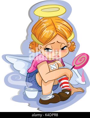 Angel toddler girl with big candy vector character sticker Stock Vector