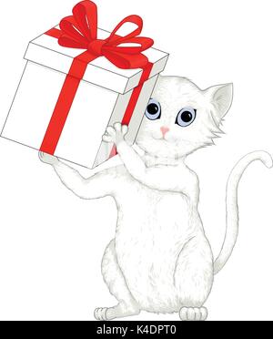 Hand drawn vector illustration of a cute white and gray sitting cat holding a big gift box with red ribbon in its paws Stock Vector