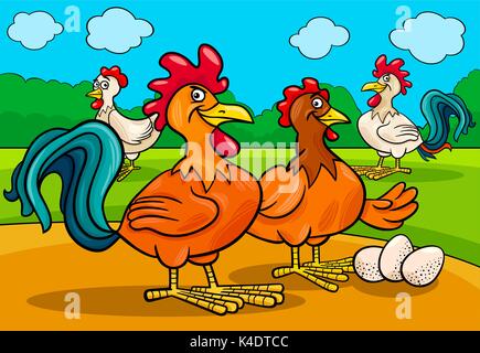 Cartoon Illustration of Funny Chicken Farm Animal Characters Group Stock Vector