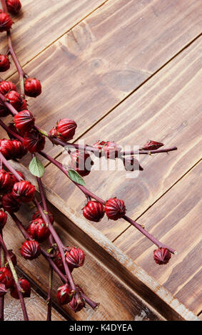 Table decorated with exotic fruits with flowers pumpkins and cutlery on a wooden background, autumn theme Stock Photo