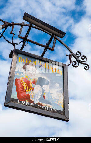 WAREHAM, UK - AUGUST 16TH 2017: The traditional pub sign hanging outside the Duke of Wellington public house in Wareham, Dorset, on 16th August 2017. Stock Photo