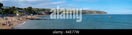 A panoramic view of the beautiful seafront and coastline at Swanage in the county of Dorset, UK. Stock Photo